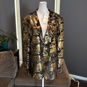 Men’s Slim Fit Black & Gold Velvet Dress Jacket Blazer Notched Lapel Size 38 NWT